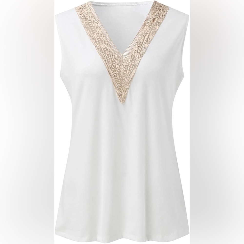 New TeCrew Womens Casual Solid Color V Neck Tank Tops Sleeveless Lace Stitching - Picture 3 of 3